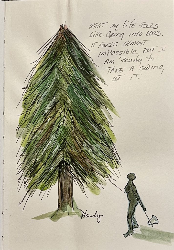 Figure with axe ready to tackle huge tree.